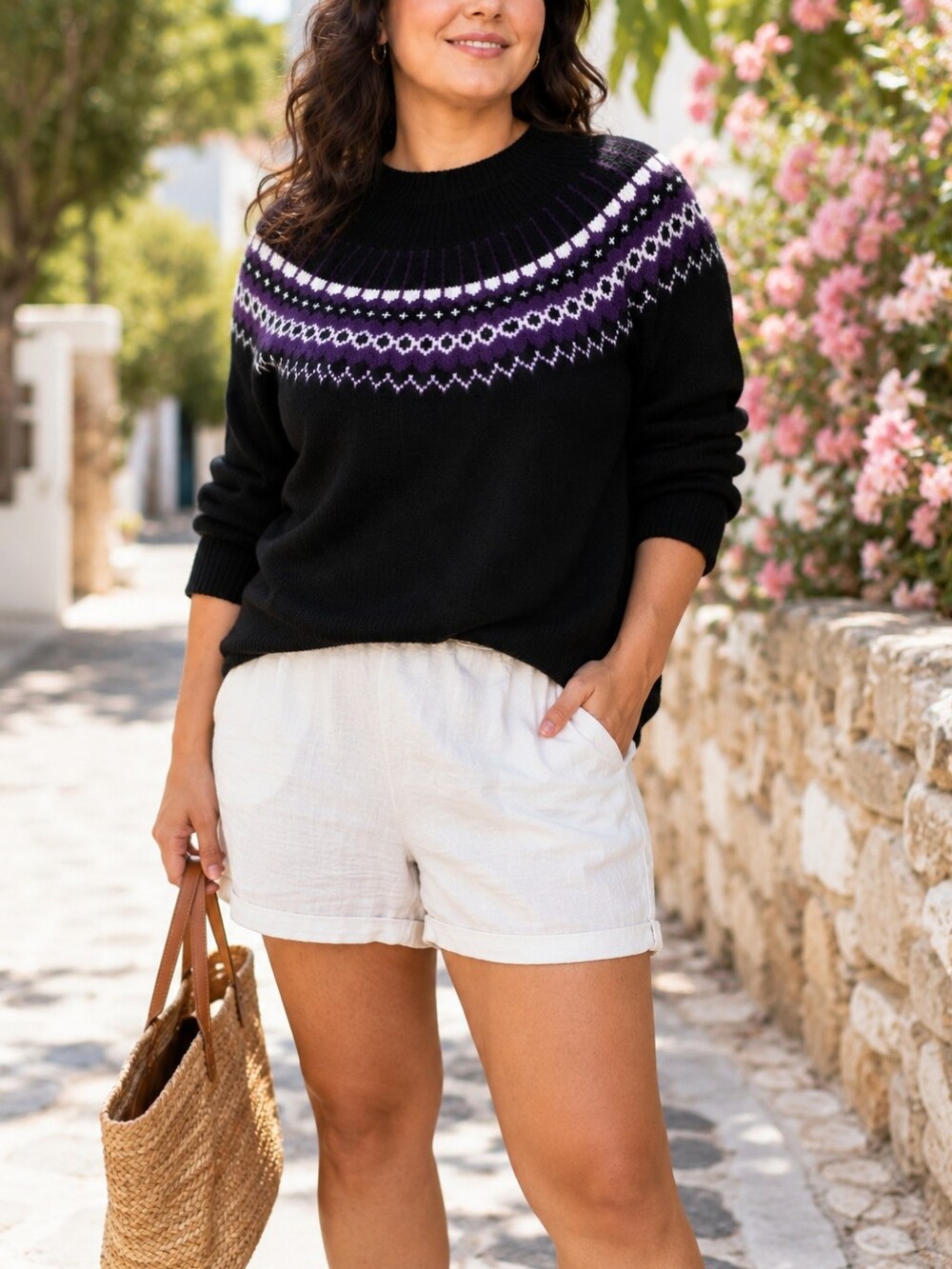 Ricki's Black Nordic Fair Isle Yoke Sweater Purple White Cozy Winter Knit